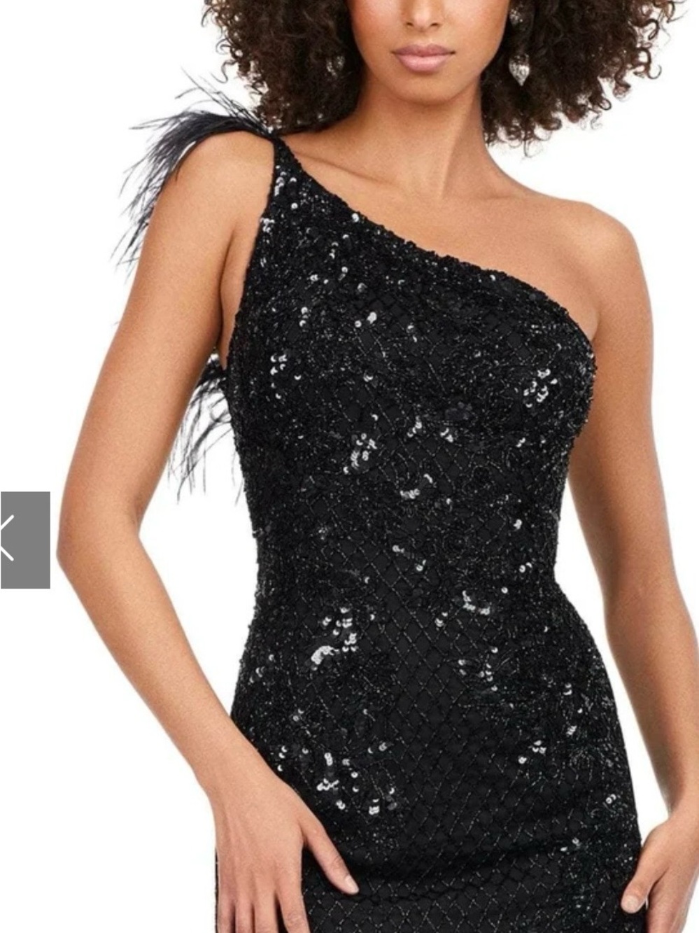 670. Ashley Lauren 4612 One-Shoulder Feather & Sequin Mini Dress - Black